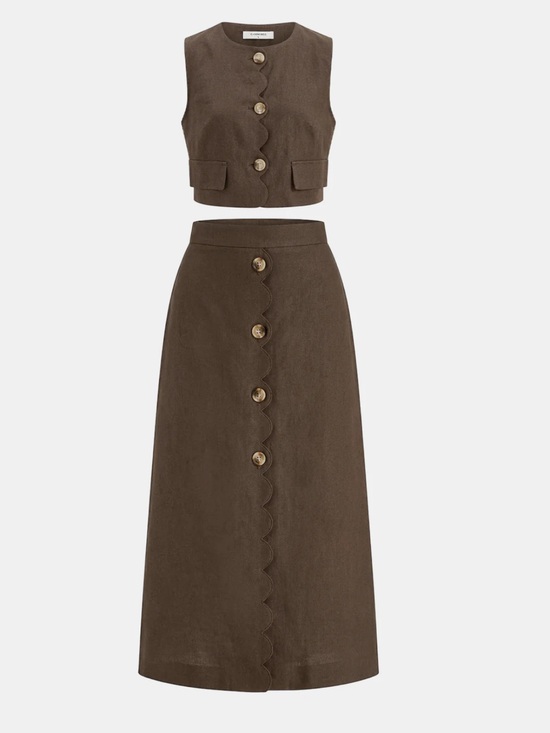 Commense Dresses & Skirts - Commense Cotton Linen Scallop Trim Vest & Skirt Set Size Small Brown color